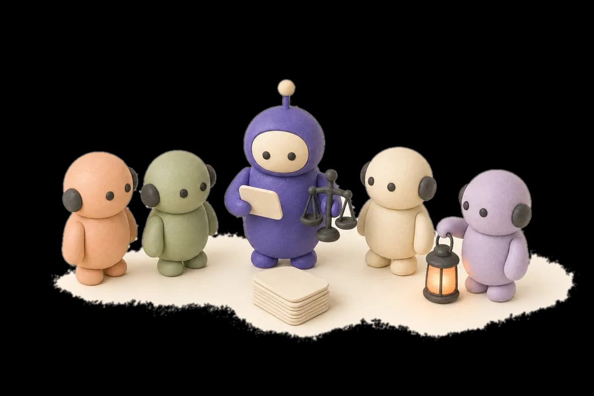 The violet referee robot reading a rulebook by lantern light
