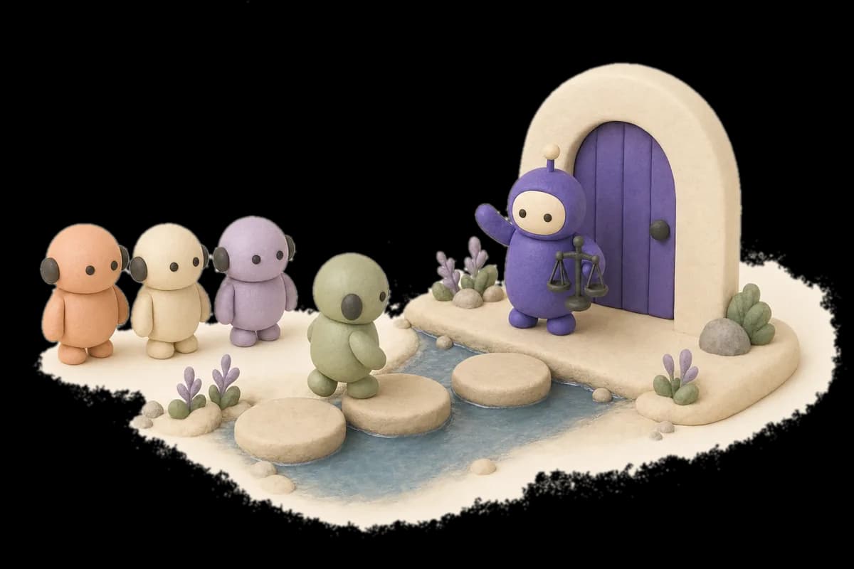 The violet referee robot holding a door open for agent robots
