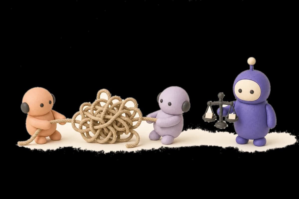 Two agent robots tangled in a rope beside the calm violet referee robot holding a balanced scale
